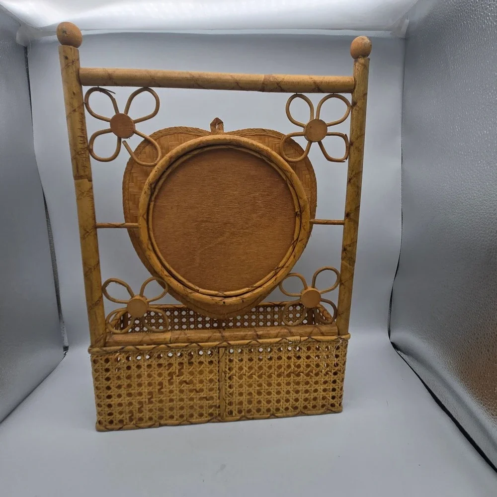 Vintage Bamboo Rattan Wall Mail Organizer Shelf Hand Painted Bird Boho 18